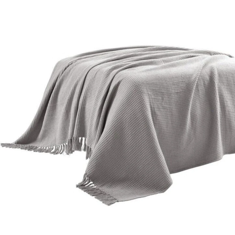 Waffle Cotton Knit Throw Light Gray‎ Full/Queen Blanket Tassel Fringe Boho NEW